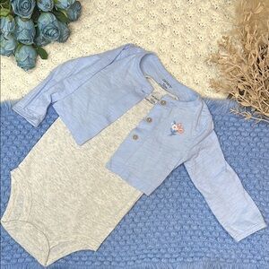 (5for$10) Carter's Baby Blue Crop Cardigan and Gray Onesie w/ Floral Detail 12m